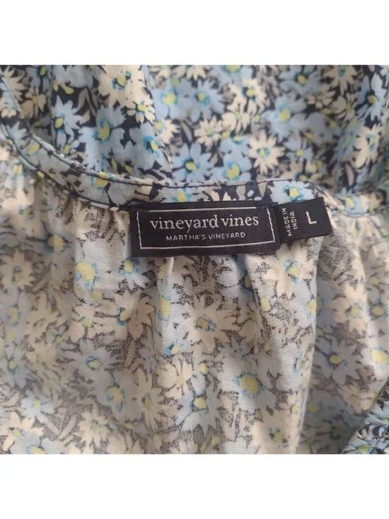 Vineyard Vines Blue Floral Dress L Cotton Puff Sleeves Midi w POCKETS - Picture 2 of 10